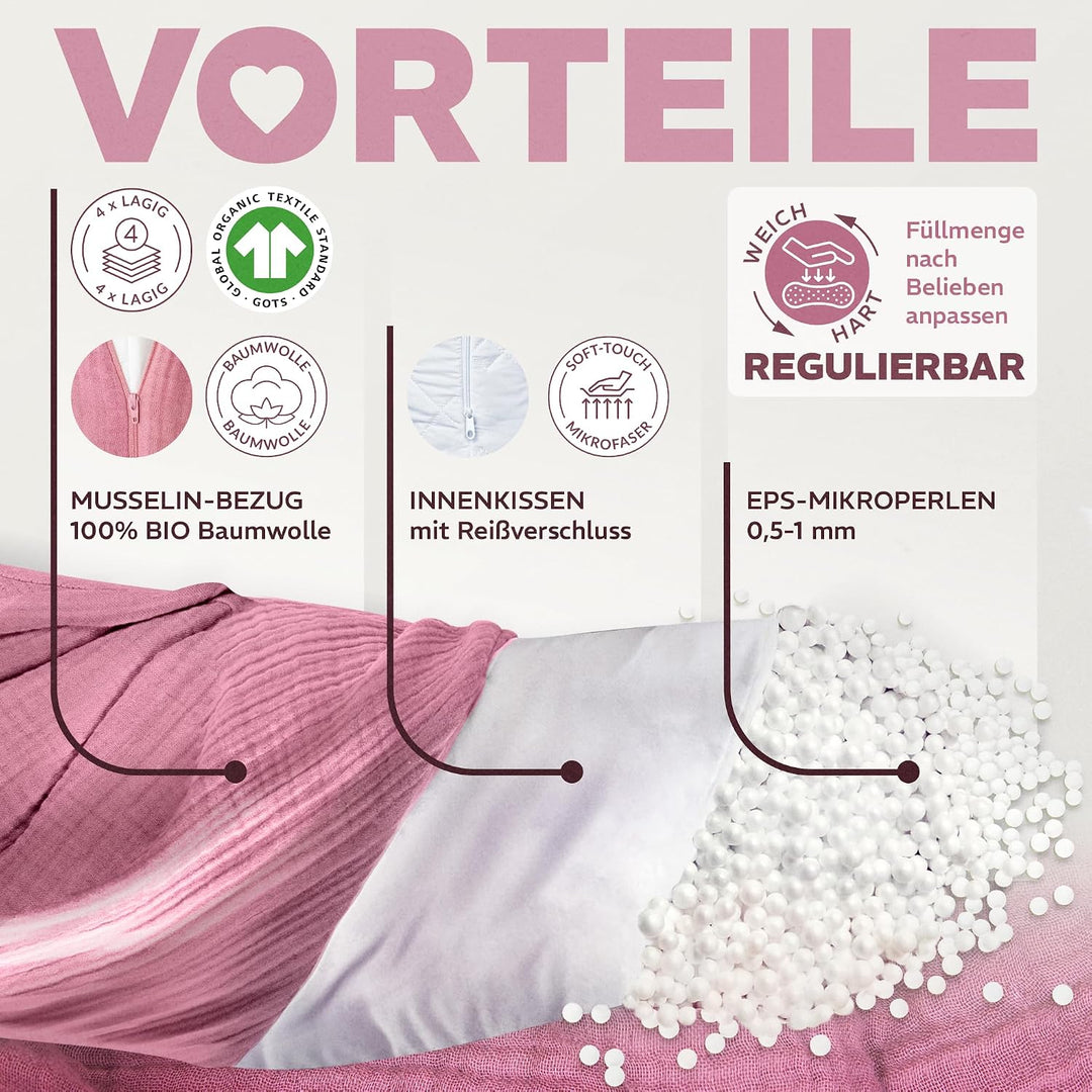 sei Design Stillkissen XXL Mikroperlen-Füllung mit Musselin-Bezug aus Baumwolle [100% Bio-Baumwolle