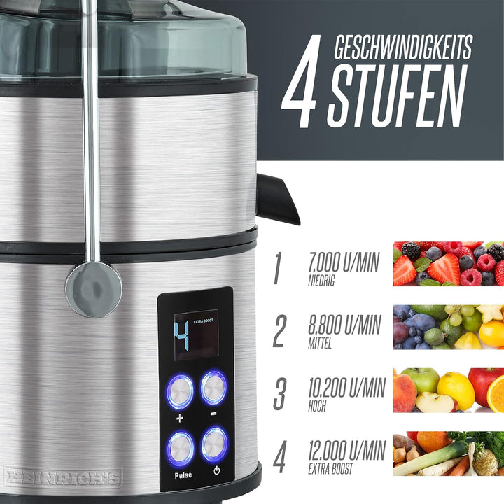 HEINRICHS Entsafter Juicer für Obst und Gemüse, Edelstahl 800W, digital,4 Geschwindigkeitsstufen,Saf