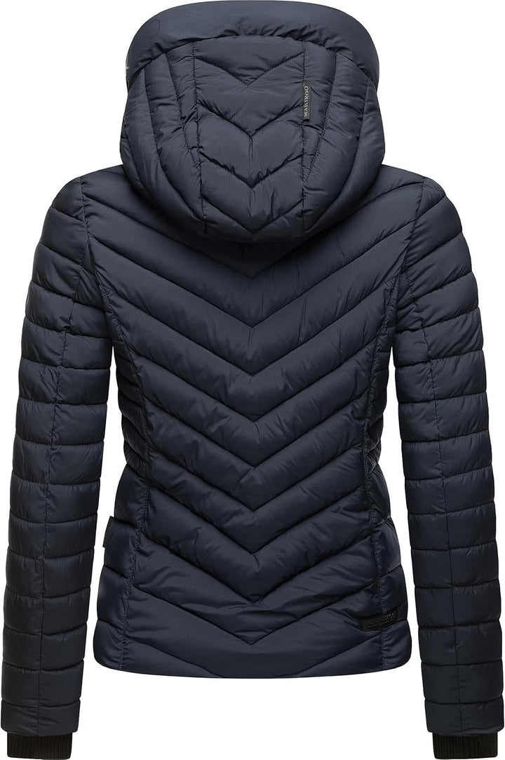 MARIKOO Damen Übergangsjacke leichte Steppjacke kurz mit abnehmbarer Kapuze Kagomee XS-XXL XL Navy,