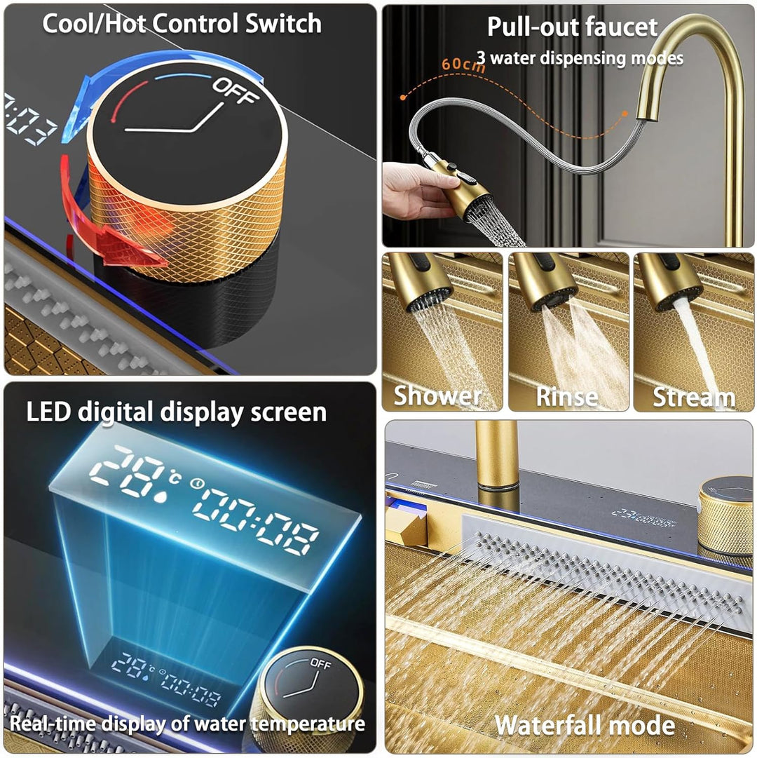Multifunktionale Digitale Küchenspüle, Wasserfallspüle aus Edelstahl 304, mit 5 Wasserauslassmodi, W