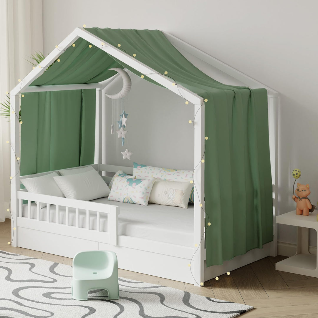Hausbett Himmel mit Lichterkette 1 Stück Deko Baldachin Hausbett Vorhang,Betthimmel Musselin Stoffhi