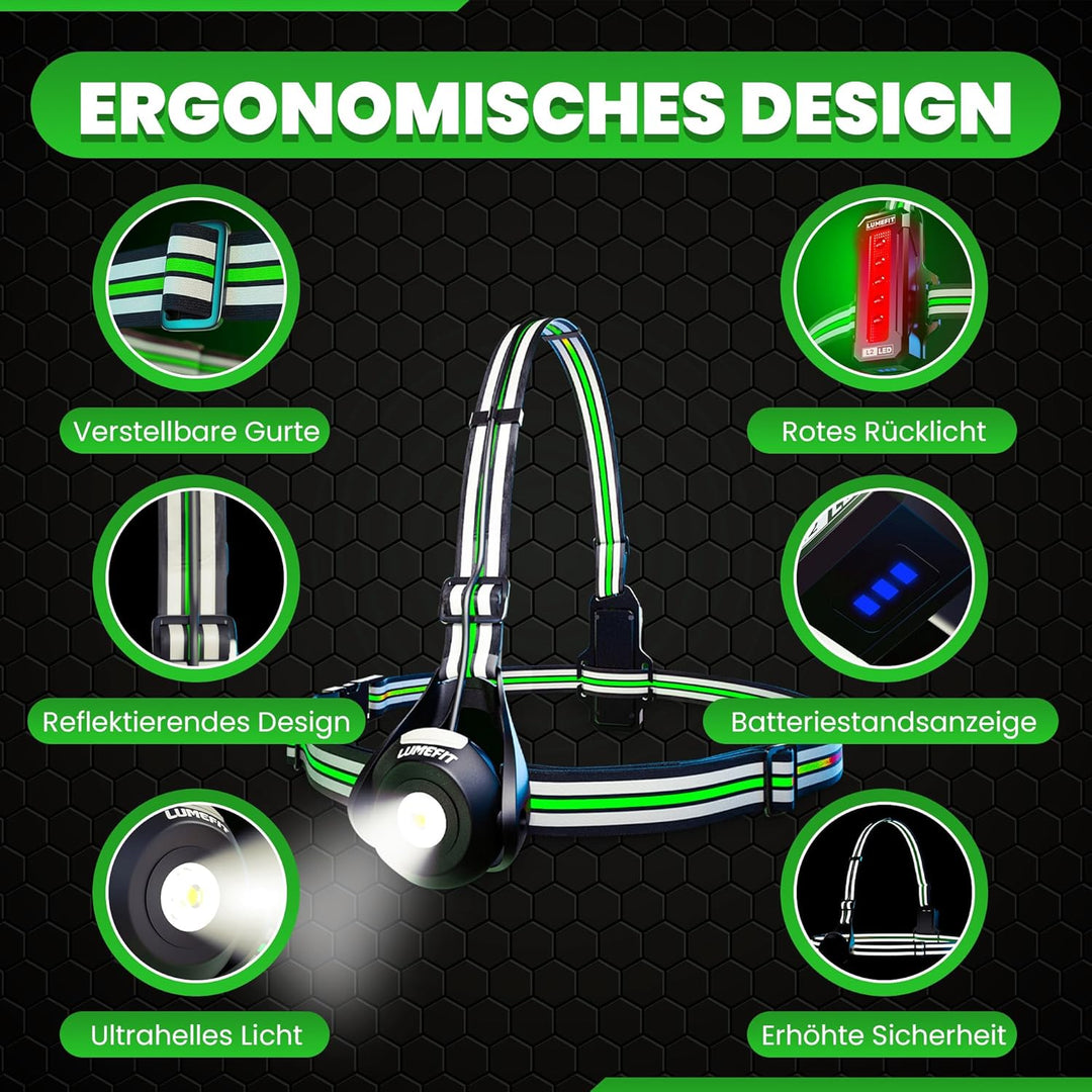 LUMEFIT Lauflicht mit Reflektoren, ideal zum Joggen und Laufen, mit 500 Lumen FrontTaschenlampe, 90°