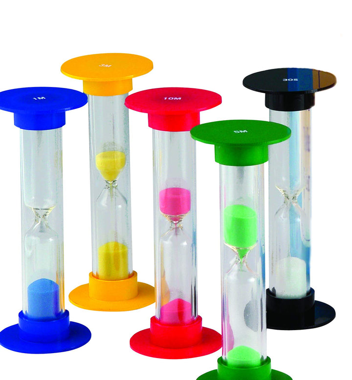 Riesen Sanduhren 14,5cm 5er Set mit unterschiedlichen Zeitspannen bunt im Koffer