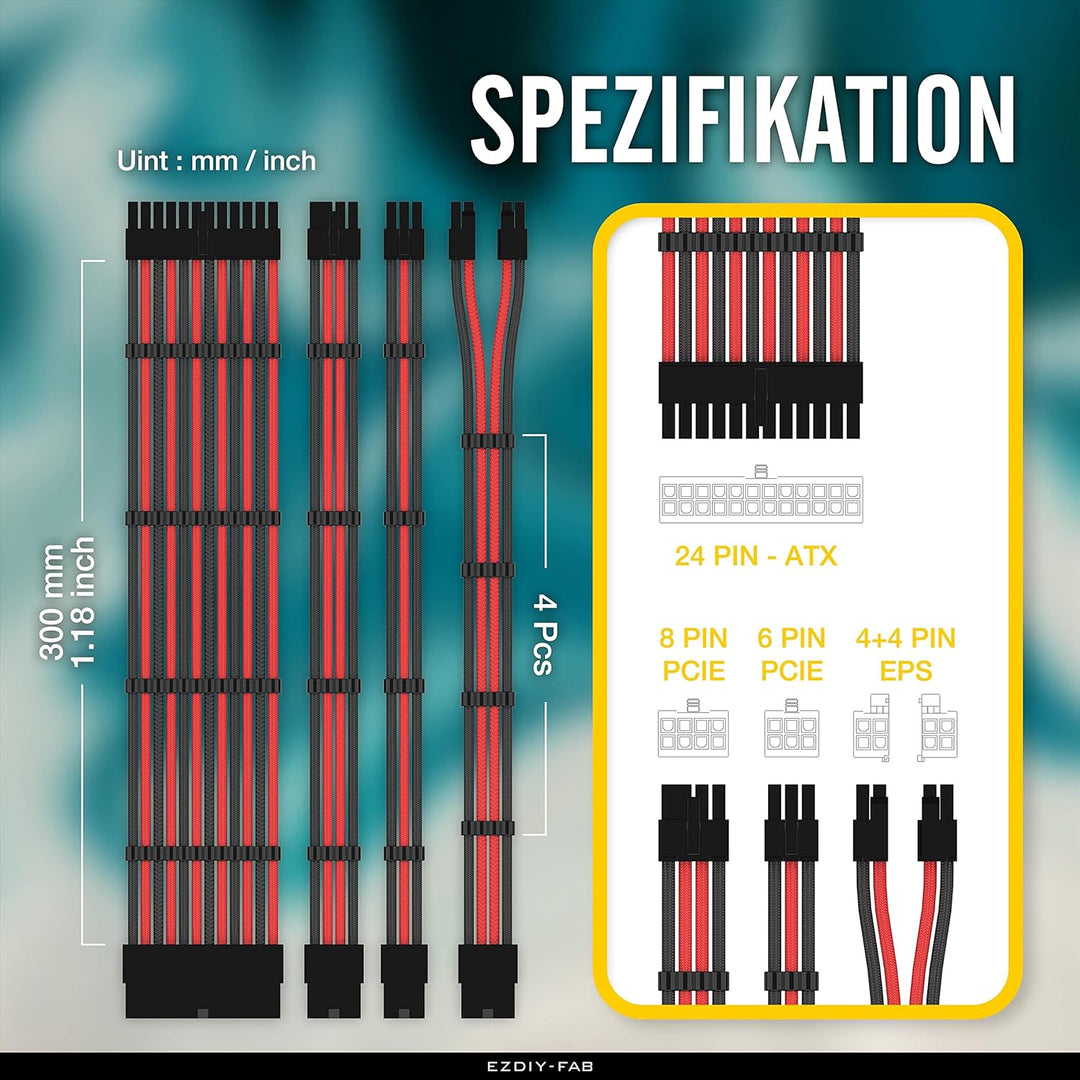 EZDIY-FAB Sleeved Cable Verlängerungskabel für Stromversorgung mit extra grosser Hülse, 24-polig, 8-