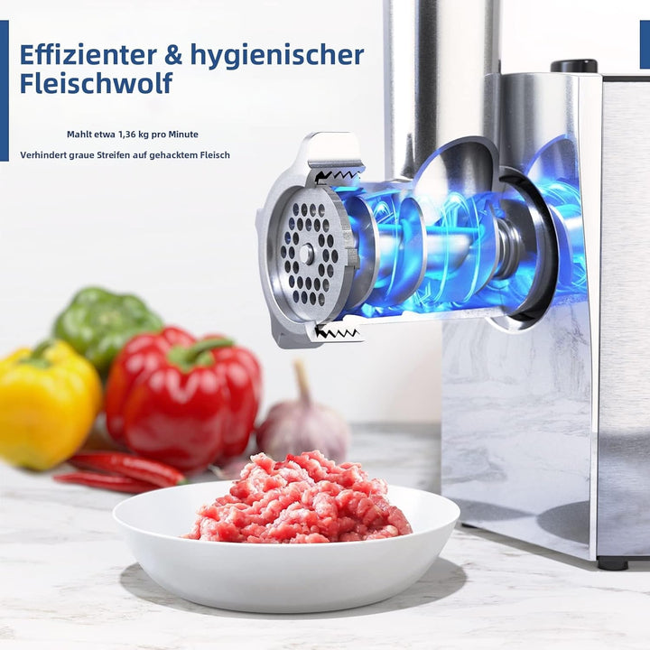 CHEFFANO 2800W[Max] Elektrischer Fleischwolf, 4-in-1 Multifunktions Fleischzerkleinerer mit 3 Edelst