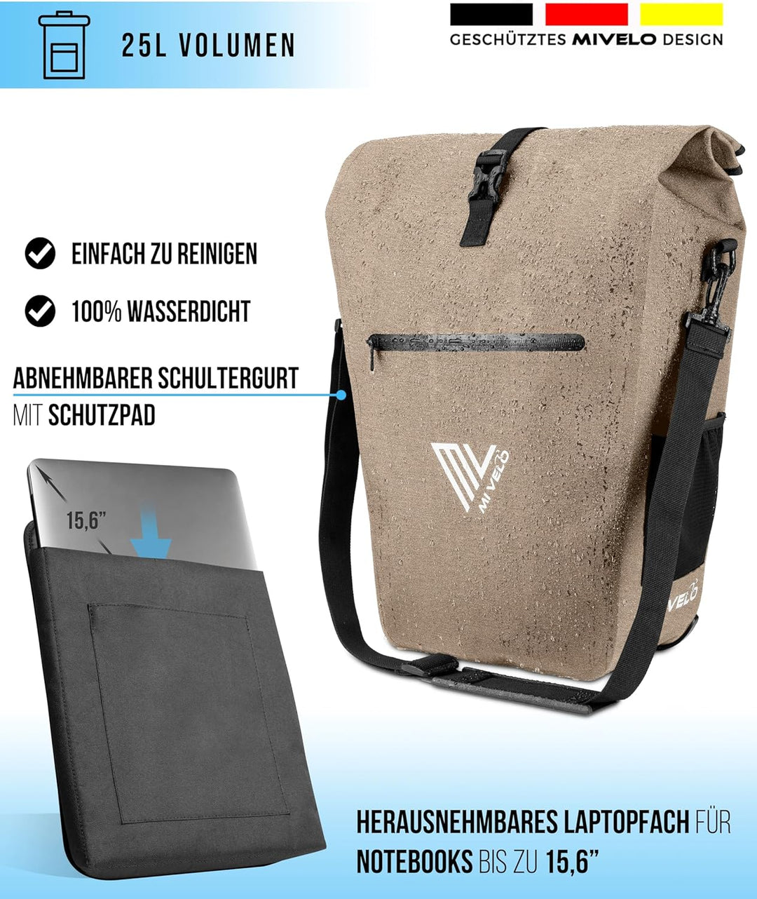 MIVELO 2in1 Fahrradtasche Gepäckträgertasche wasserdicht 100% PVC frei + Laptopfach + Schloss – Fahr