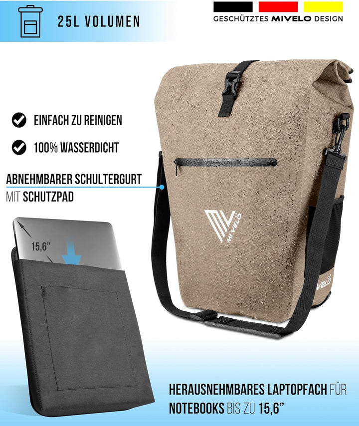 MIVELO 2in1 Fahrradtasche Gepäckträgertasche wasserdicht 100% PVC frei + Laptopfach + Schloss – Fahr