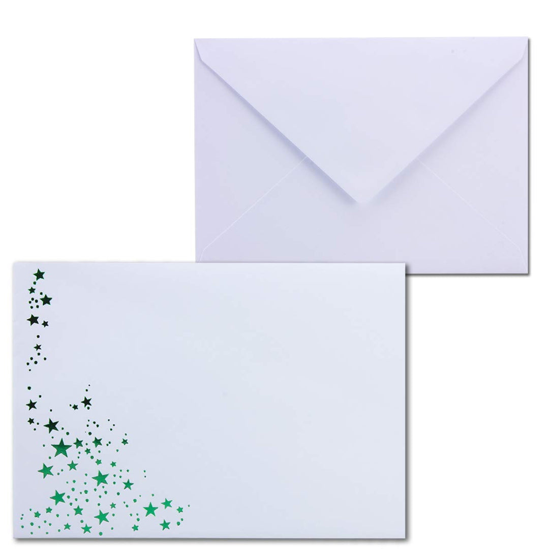 1000x Weihnachts-Briefumschläge - DIN C6 - mit Grün-Metallic geprägtem Sternenregen -Farbe: Weiss -