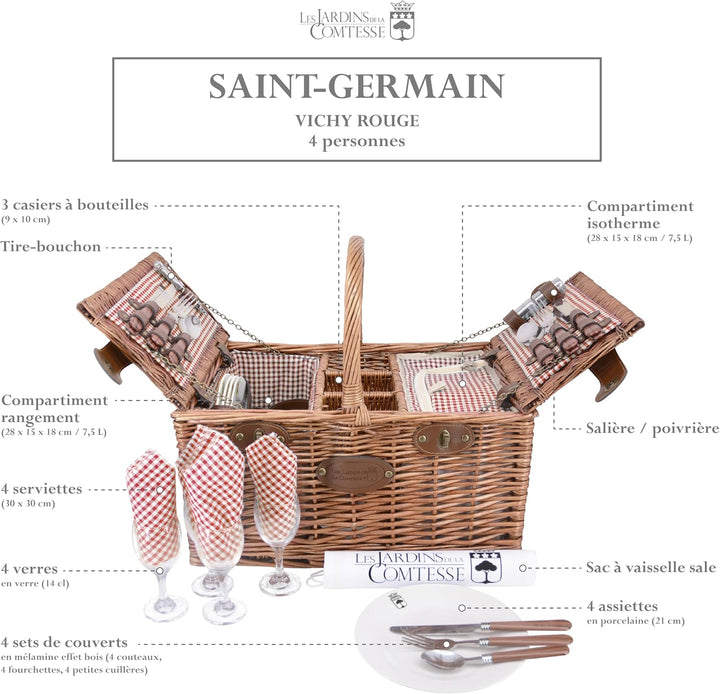 Picknickkorb Saint-Germain rotkariert aus dunkler Weide - Korb mit Fach für eine Flasche - für 4 Per