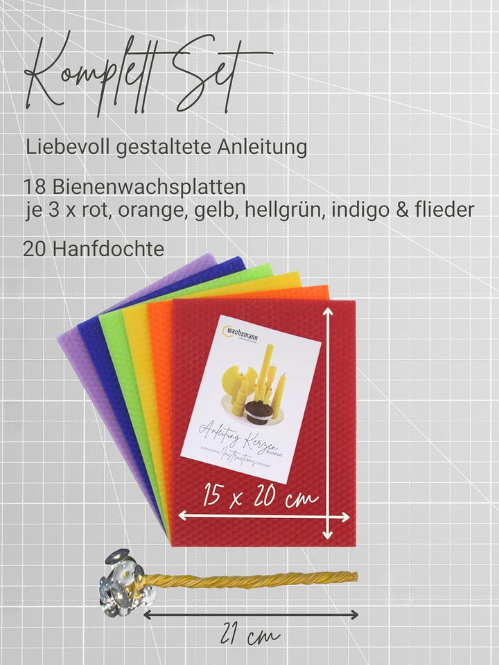 Wachsmann Kerzen Bastelset „Rainbow“, 100% Bienenwachs aus Deutschland – 18 farbige Wachsplatten (20