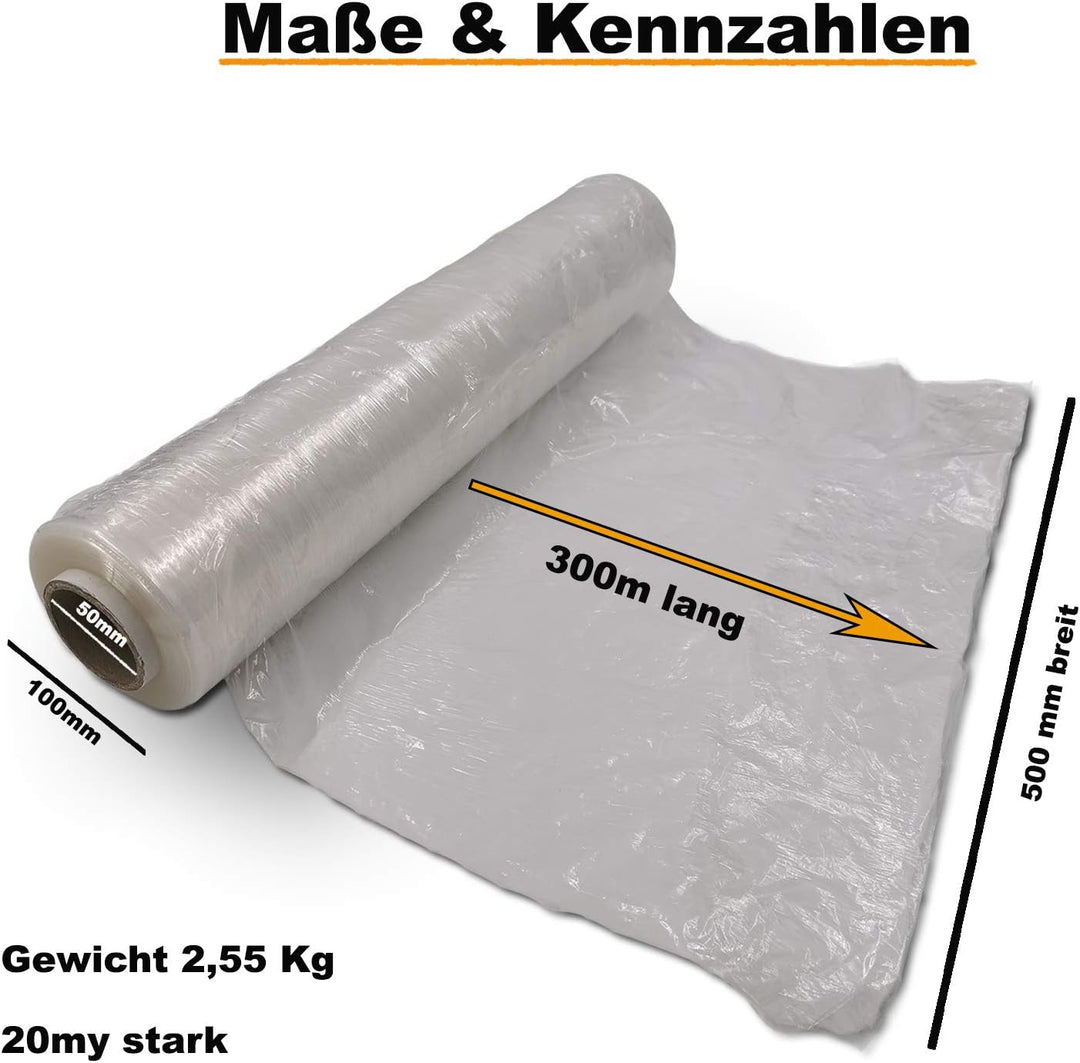 Verpacking Stretchfolie 20 my transparent 500mm x 300m 3 Rollen reissfeste Umzugsfolie + 1 Abroller