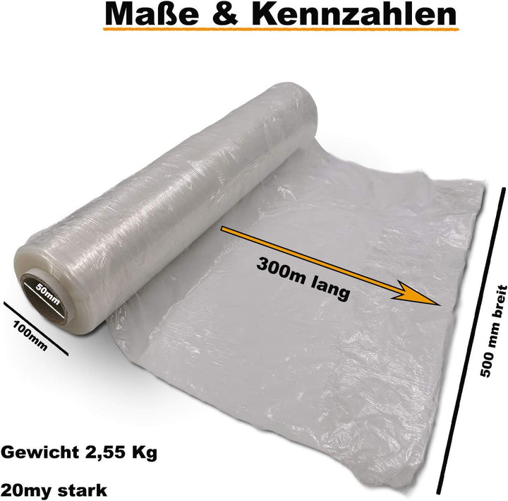 Verpacking Stretchfolie 20 my transparent 500mm x 300m 3 Rollen reissfeste Umzugsfolie + 1 Abroller