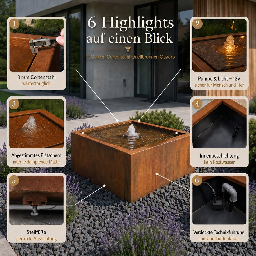 Cortenstahl Brunnen Quadro Quellbrunnen für Garten &amp; Terrasse | Set mit LED Beleuchtung, Viereckig,