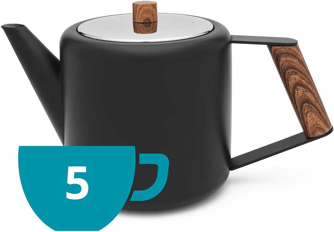 Bredemeijer Schwarze doppelwandige Edelstahl Teekanne 1.1. L & Holzgriff 1.1 Schwarz, 1.1 Schwarz