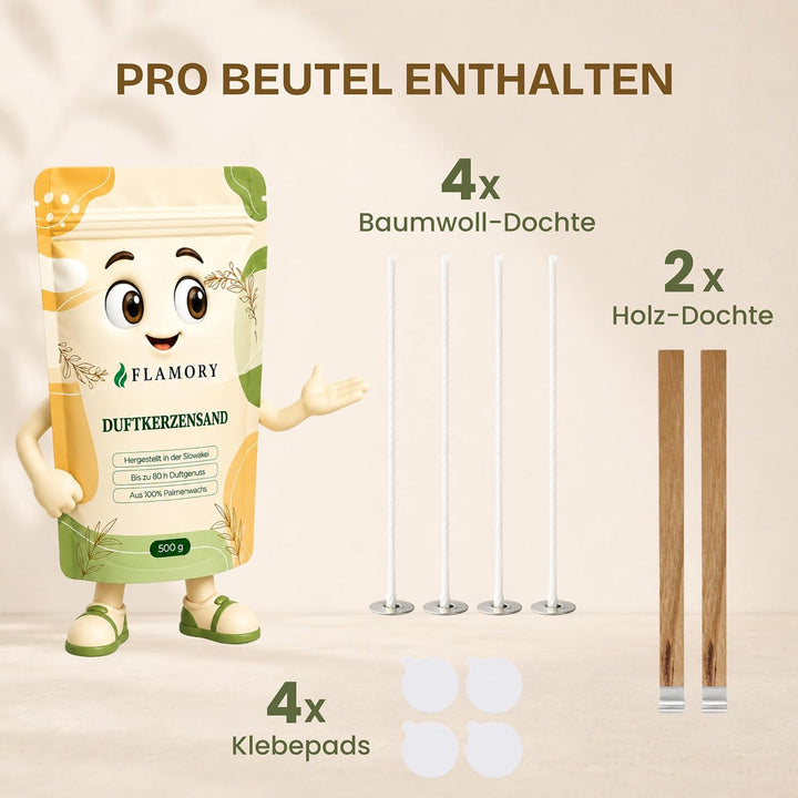 Duftkerzensand 500 g – Kerzensand mit Duft & Dochten (6 Stk.) – ohne Paraffin – aus Pflanzenwachs –