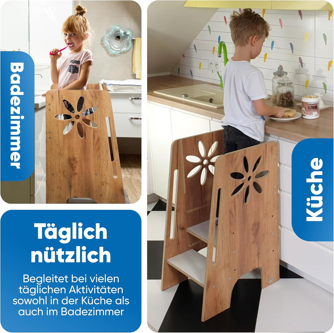 Kitchen Kids Helper Lernturm ab 1 Jahr - Höhenverstellbarer Lernturm Montessori Eiche-Weiss 80cm - S