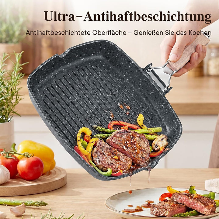GiPP Poêle Grill avec Poignée Pliable, Granit Non Toxique Antiadhésive Schwarz 28cm, Schwarz 28cm