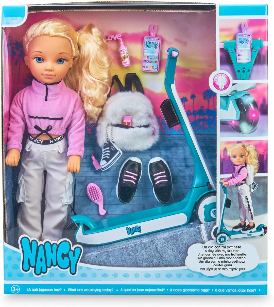 NANCY - Ein Tag Roller, Puppe mit Rollern, hat Lichter auf Räder, sehr kühle Kleidung und Accessoire