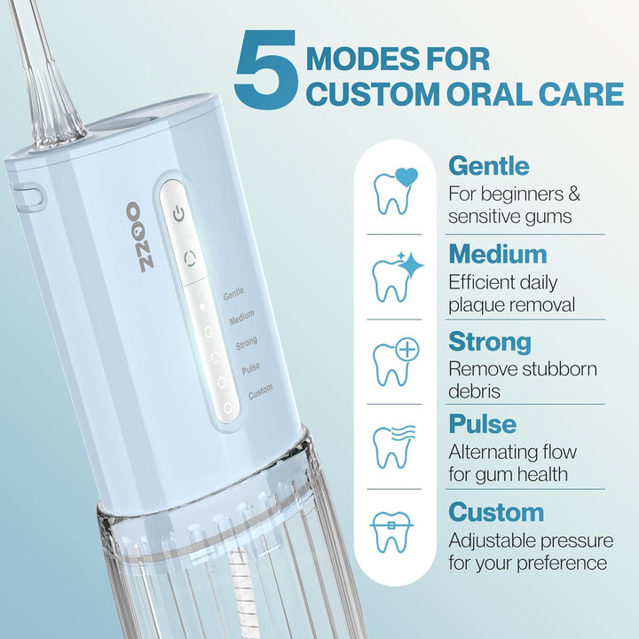 OOZZ Travel Water Flosser, Schnurlose Taschenmunddusche, 5 Druckmodi, 6 Strahlspitzen, USB-wiederauf