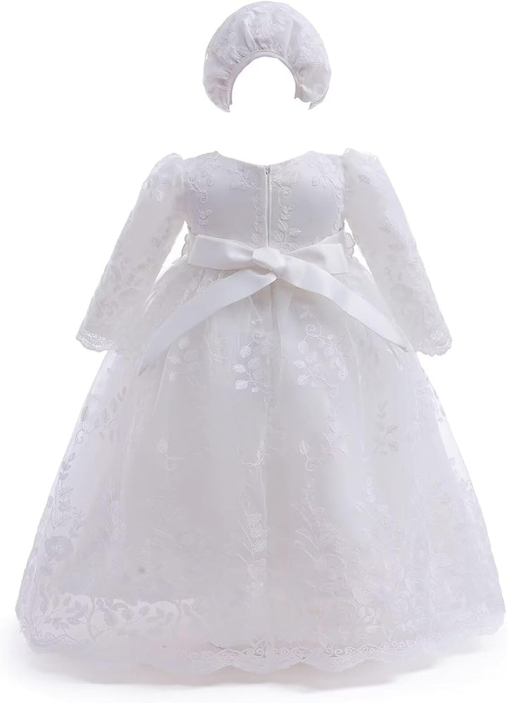Leideur Baby Mädchen Taufe Kleid Lange Segenskleider Weiss Formale Brautkleider für Neugeborene 6-9