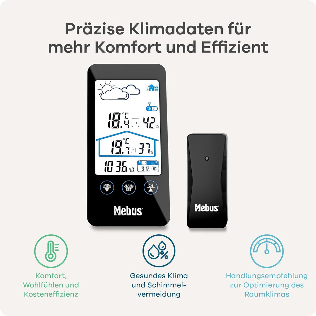 Mebus Wetterstation mit Aussensensor, zeigt Temperatur und Luftfeuchtigkeit innen und aussen, mit We