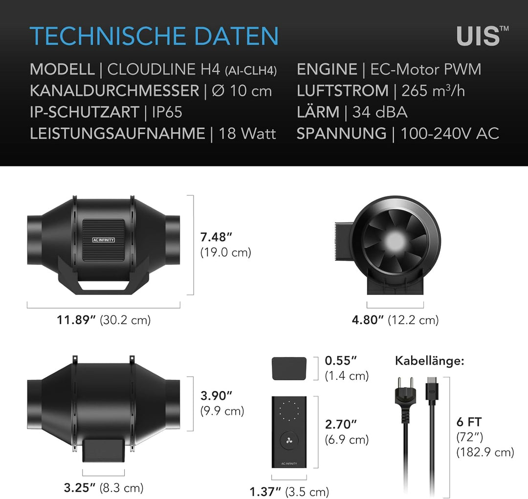 AC Infinity CLOUDLINE H4 – Leises Inline-Lüftersystem 100 mm mit Drehzahlregler, IP65-feuchtigkeitsg