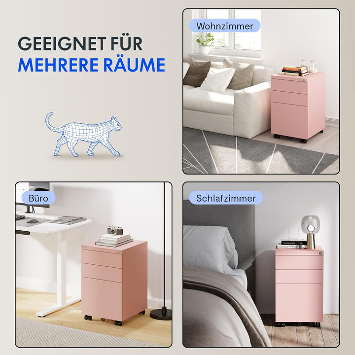 FlexiSpot Rollcontainer mit 3 Schubladen, mobiler Aktenschrank mit Rollen, Schubladenschrank Bürosch