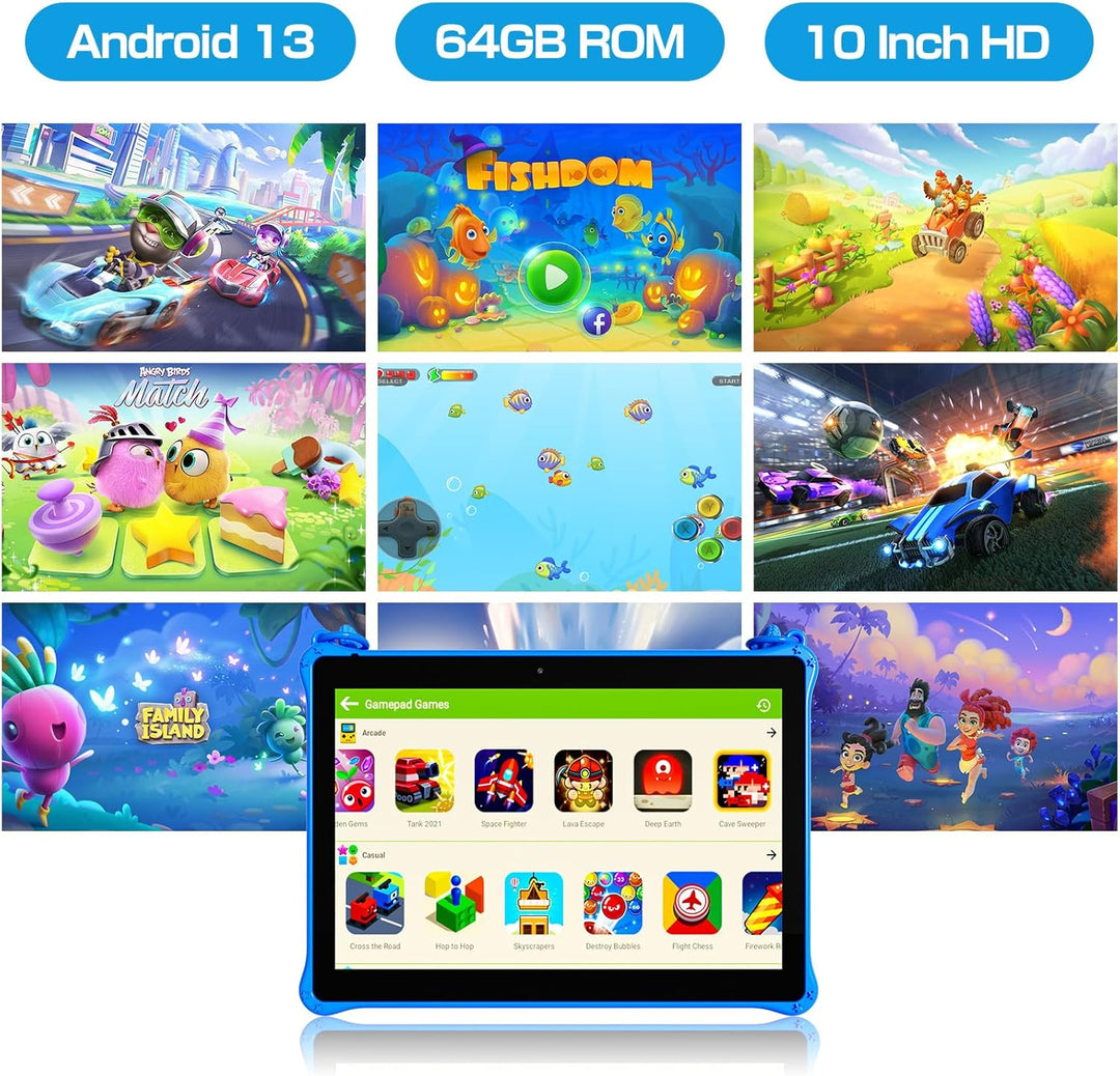 PRITOM 10-Zoll-Kinder-Tablet mit Android 13, 64 GB, erweiterbar auf 512 GB, Dual-Kamera, Tablet für