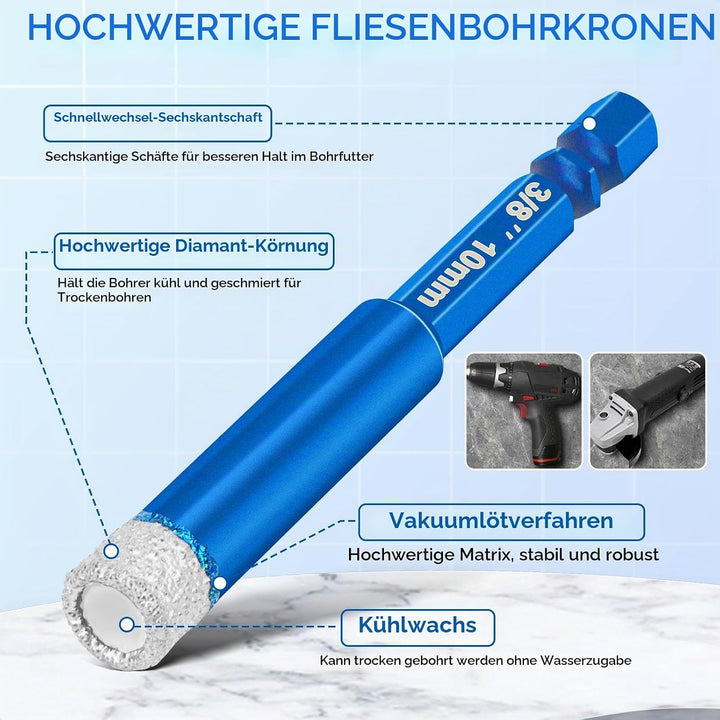 Diamant Fliesenbohrer 6mm, 4 Stück M14 Fliesenbohrer 6/8/10/12mm + 6 Stück M6 Sechskantschaft Diaman