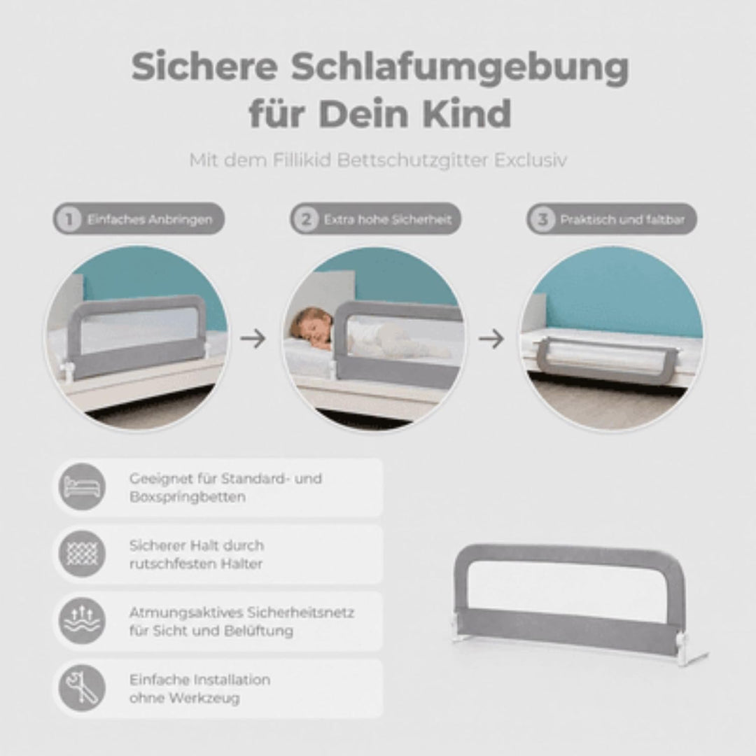 Fillikid Bettschutzgitter Exclusiv | Rausfallschutz Kinder 150 cm x 60 cm | Kinder-Bettgitter rutsch