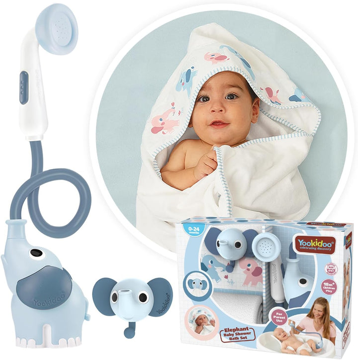 Yookidoo Duschkopf für Baby-Badewanne, Elefanten-Wasserpumpe mit Stammauslauf und Spüler, kontrollie