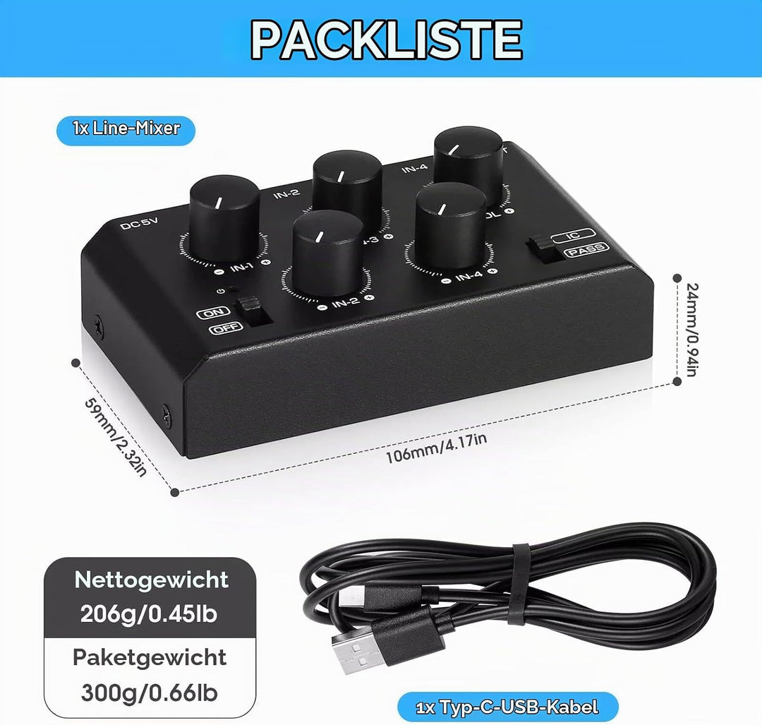 Mini Stereo-Audiomixer mit 4 Kanälen und sehr geringem Rauschen für Heim/Studio/Bar Line-Mixer (MC5-