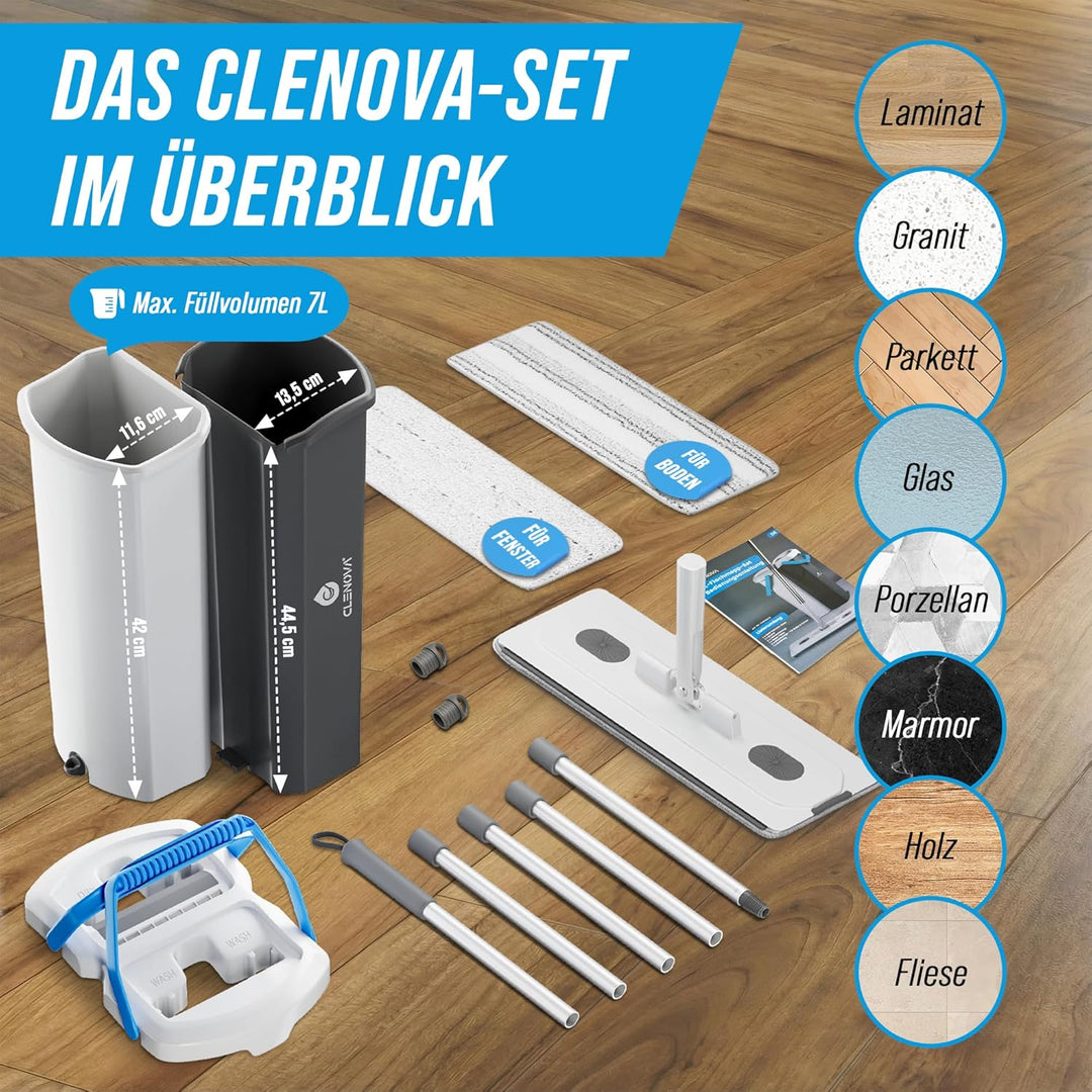 XL Wischmopp Set mit Eimer, 2-Kammer-System [Trennbarer Putzeimer], Flacher Bodenwischer, 133–166 cm