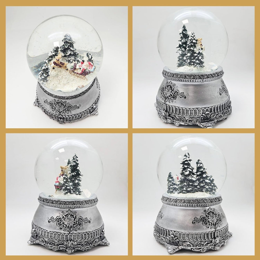 Nostalgie Schneekugel Weihnachtsmann im Schlitten im Winterwald * auf Silber Sockel mit Landschaft *