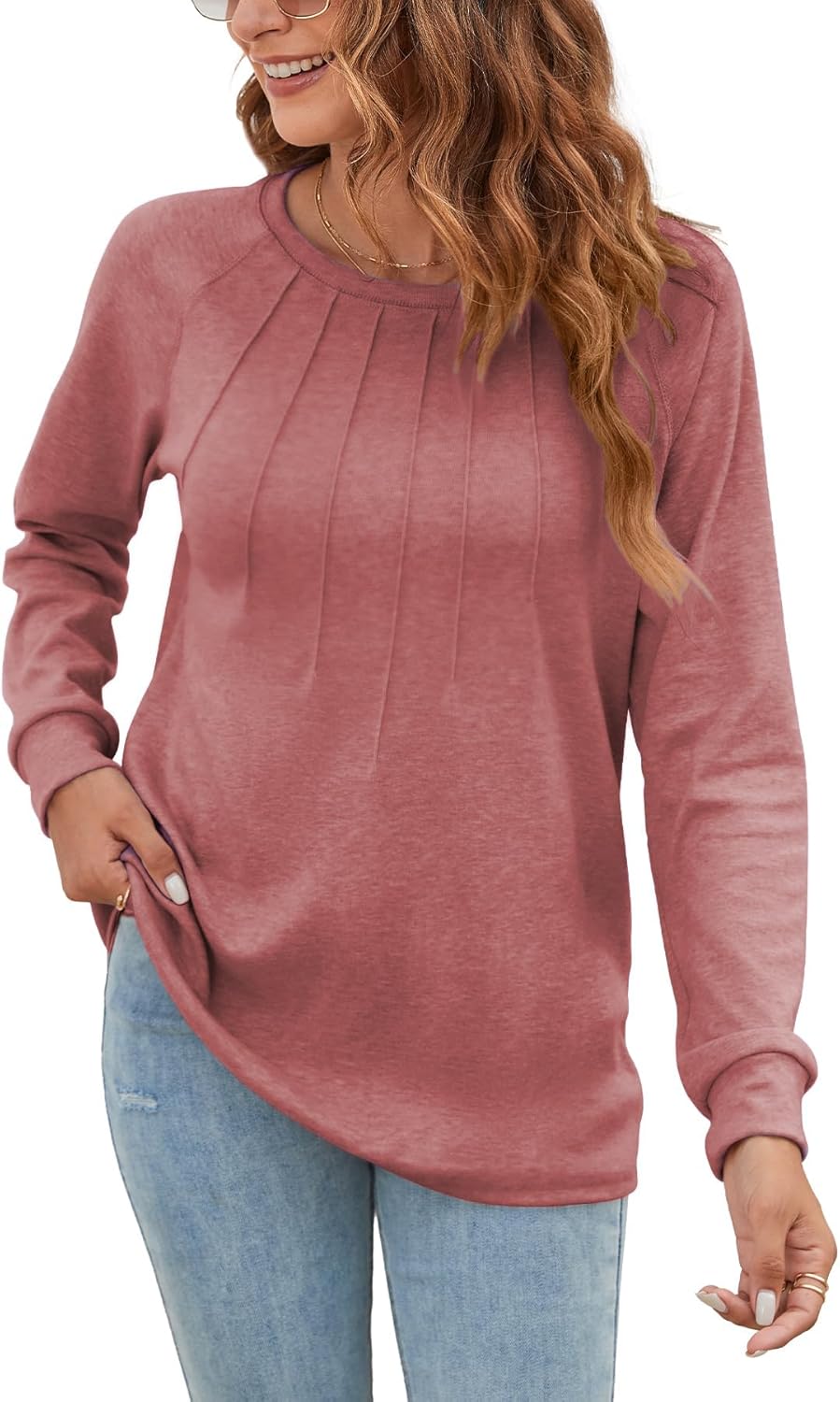 Cuptacc Langarmshirt Damen Rundhals Casual Locker Falten Tshirt Langarm Damen Oberteile Elegant Dunk