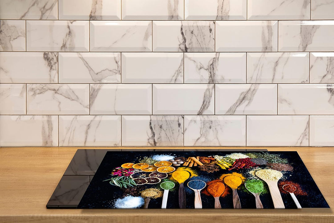 Queence Ceranfeldabdeckung Gewürze Induktionsherd-Abdeckung 80x52 cm | Herdabdeckplatte aus Acrylgla
