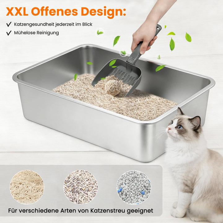 Premium Katzenklo Edelstahl, Gross Metall Katzentoilette mit Hohen Rand, Rostfrei, Antihaftbeschicht