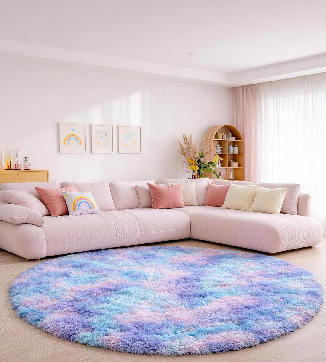 Runder Teppich 120 cm Blau-violett Waschbar Rutschfester Runder Hochflorteppich Wohnzimmer Schlafzim