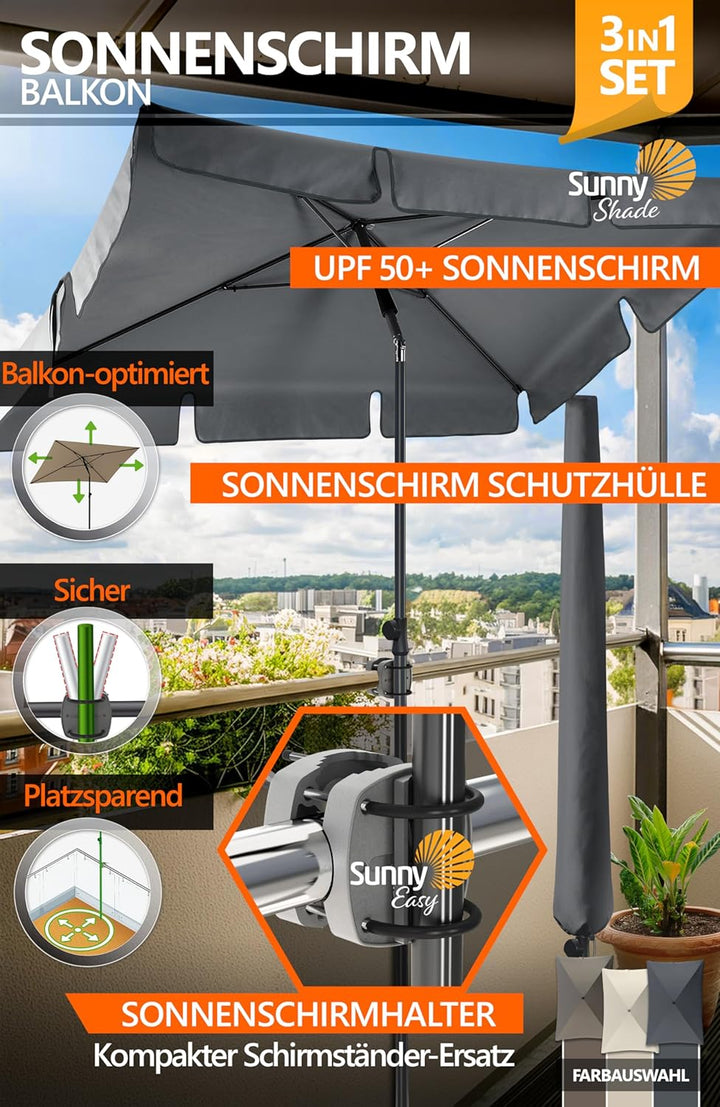 4smile Sonnenschirm Balkon SunnyShade, 3-in-1 SET, Anthrazit - UPF 50+ Sonnenschirm rechteckig 200 x