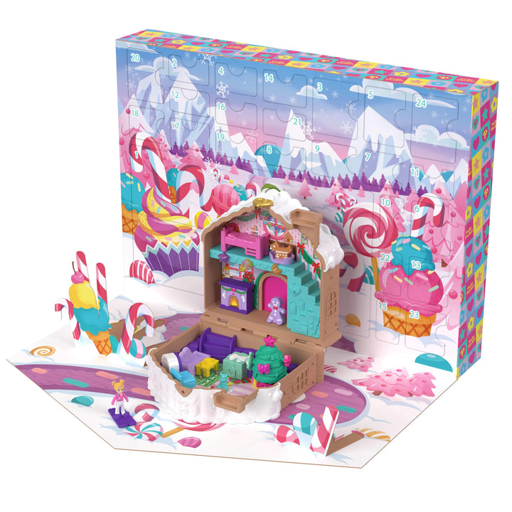 Polly Pocket Adventskalender mit Polly Pocket Puppe, Lebkuchenhaus-Spielset zum Selbermachen mit 24
