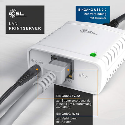 CSL - LAN Printserver Druckerserver - Fast Ethernet - USB2.0 High Speed - LRP Print Server für Windo