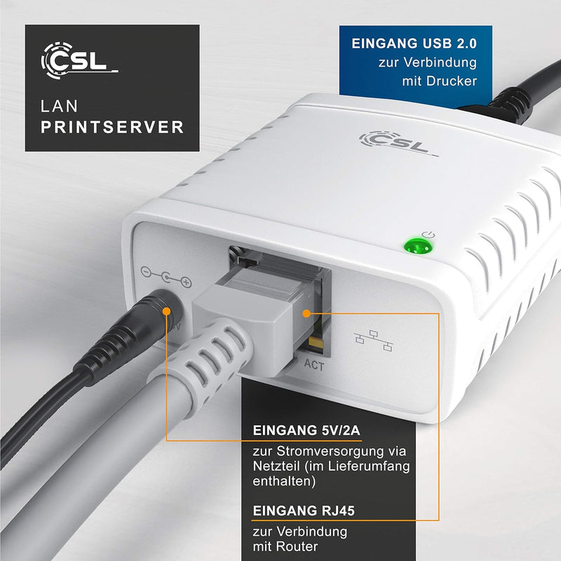 CSL - LAN Printserver Druckerserver - Fast Ethernet - USB2.0 High Speed - LRP Print Server für Windo