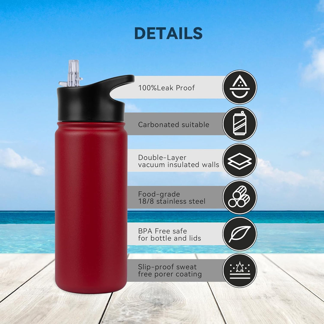 Edelstahl Trinkflasche - 500ml - mit Strohhalm,Auslaufsicher,Kohlensäure Geeignet,BPA frei Thermosfl