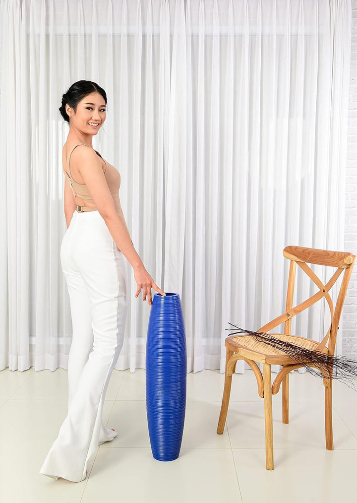 Leewadee Grosse Bodenvase für Dekozweige hohe Standvase Design Holzvase, Holz, 70 cm, Blau 70 cm Bla