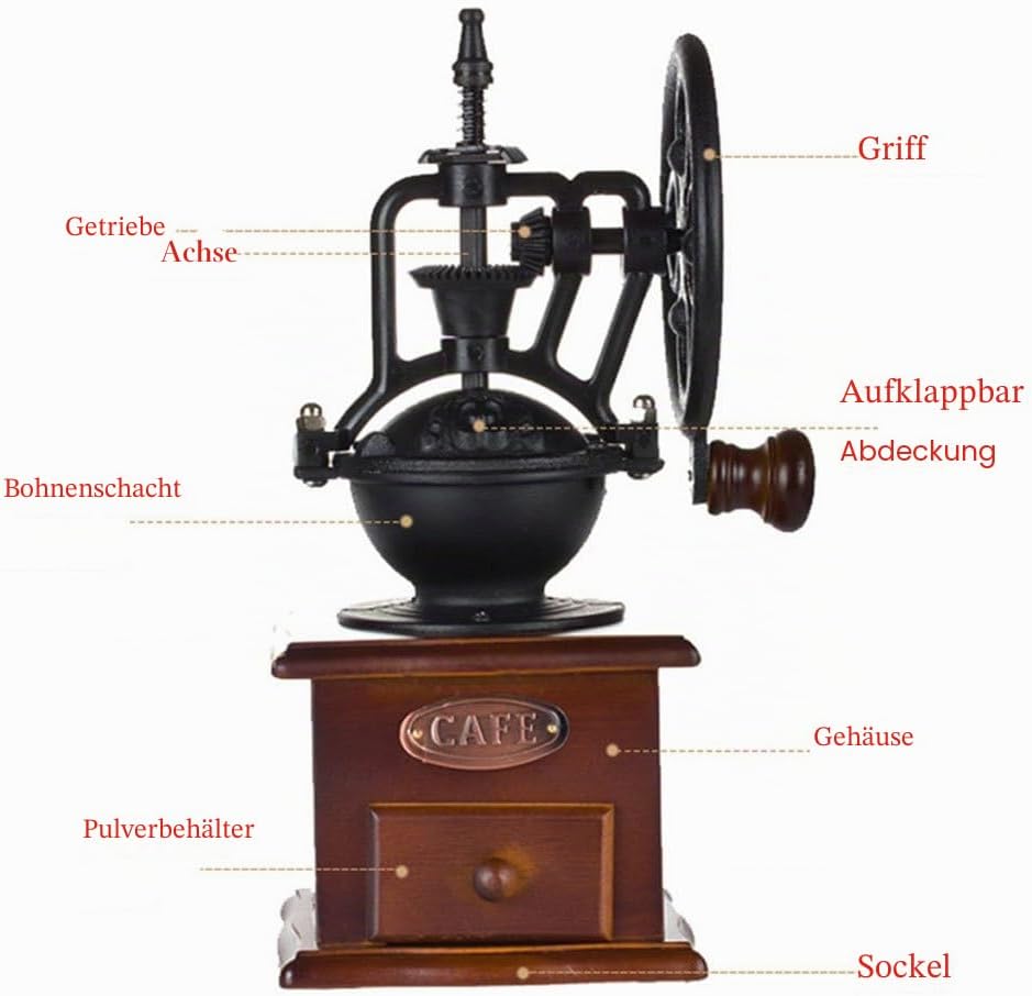 Manuelle Kaffeemühle Antike Gusseisen Handkurbel Kaffeemühle mit Schleifen ，Einstellungen & Catch Sc