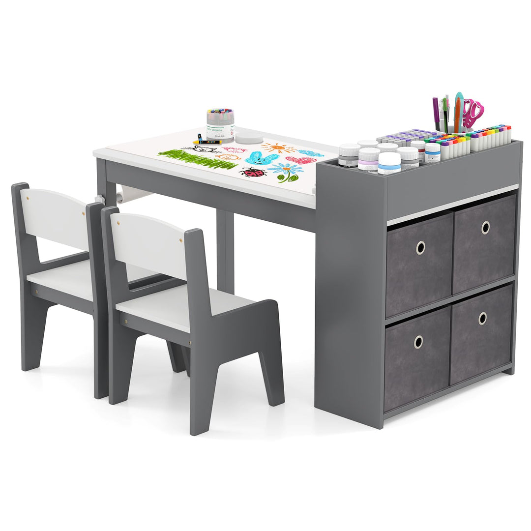 LIFEZEAL Kindertisch mit 2 Stühlen, Kinder Spieltisch und Stühle Set mit Papierrollen und 4 Stoffabl