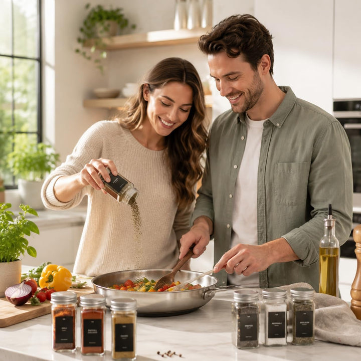 elf-family Gewürzgläser Eckig Set [12 x 120ml] mit Streueinsatz und Etiketten Premium Luftdichte Gew
