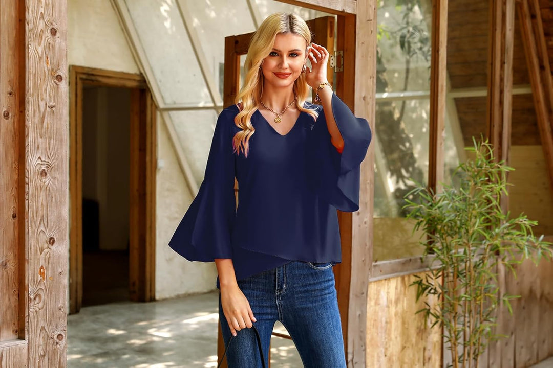 Gyabnw Damen Chiffon Bluse Volantärmeln Tunika 3/4 Arm Elegant Chiffontunika Festlich Chiffon Bluse