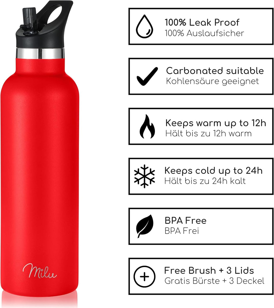 Milu Edelstahl Trinkflasche 350ml 500ml 750ml 1000ml (+3 Deckel) - Thermosflasche mit Strohhalm, Iso