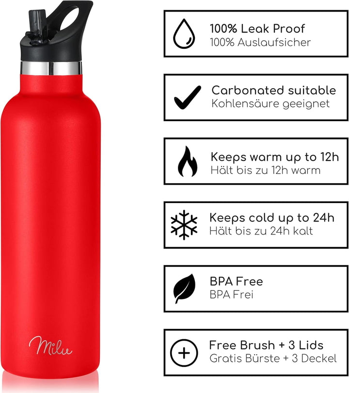 Milu Edelstahl Trinkflasche 350ml 500ml 750ml 1000ml (+3 Deckel) - Thermosflasche mit Strohhalm, Iso
